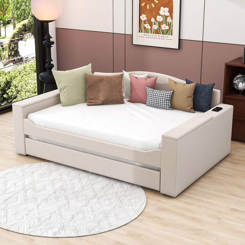 Lit de jour rembourré Vaelin, Beige, Double