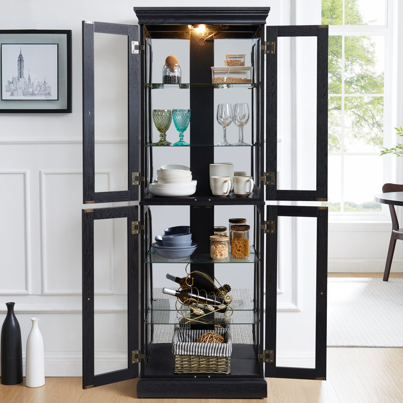 Ravelyn Vintage Charm Lighted Glass Curio Display Cabinet with Adjustable Shelves and Mirrored Back
