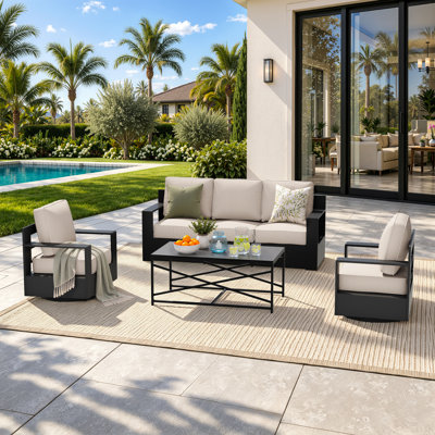 Ensemble de 4 chaises de jardin d'extérieur modernes en aluminium avec coussins beiges et table basse