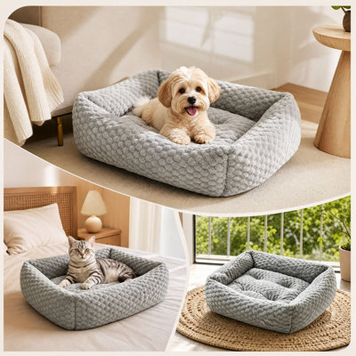 Dog Bed Textured Short-Pile Pet Bed 50x45x15cm Raised Edges with Grip Base In Light Gray Cat Bed