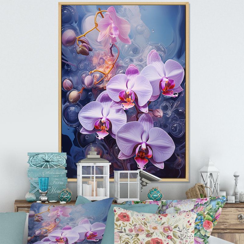Collage d'orchidées mauves sur toile, Cadre naturel flottant, 44" H x 34" W