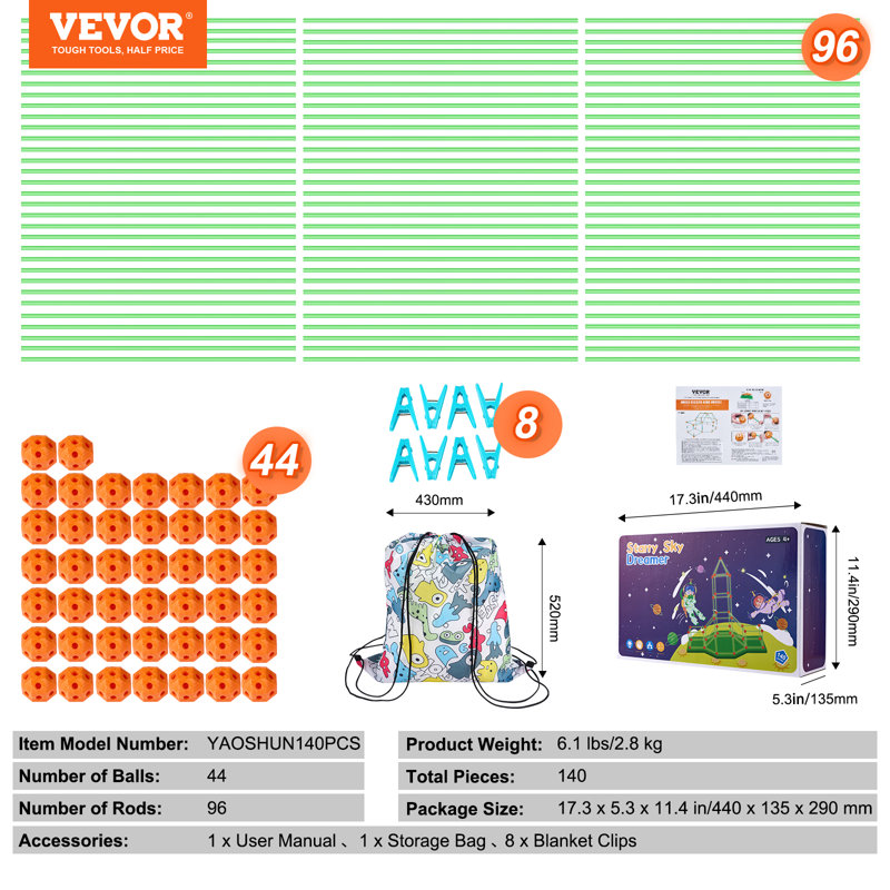 VEVOR Tent Fort Building Kit for Kid Glow In The Dark STEM Construction Toy 140PCS