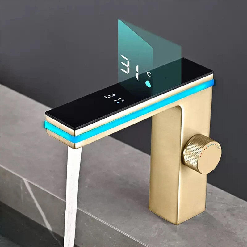 Robinet de lavabo en or brossé, 1 trou, avec affichage DEL de la température, robinet mélangeur pour meuble-lavabo
