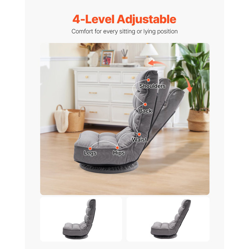 Chaise de jeu pivotante, chaise de plancher rotative à 360 degrés avec dossier pliable à 4 positions réglables et support lombaire, canapé vidéo inclinable pliable pour regarder la télé, jouer, jouer, gris