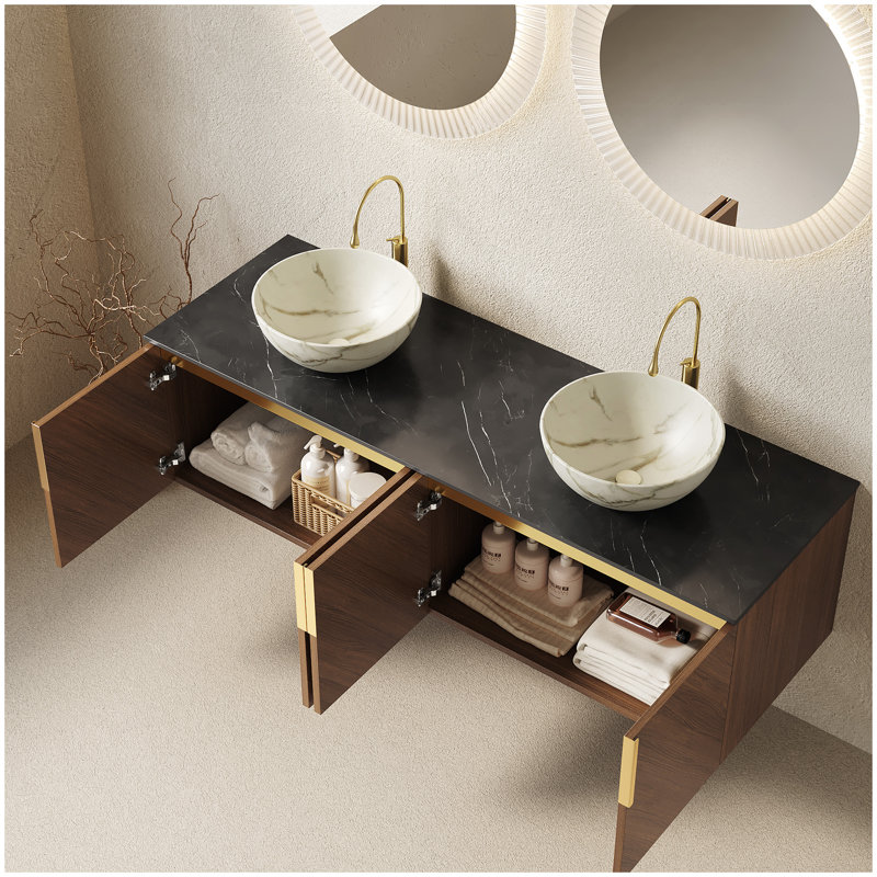 Meuble-lavabo de salle de bain 60 po ARAI, armoire de rangement flottante en contreplaqué avec 4 portes, 2 cuves en céramique avec motif en pierre et comptoir en pierre frittée noire, couleur grain de bois de chêne brun