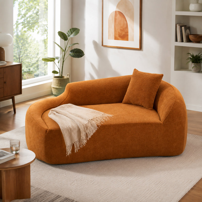 LY-048 Méridienne incurvée, canapé-lit deux places moderne en chenille avec assise profonde, orange