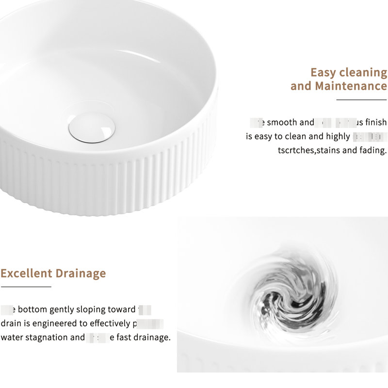 Lavabo vasque rond blanc de 14 pouces, lavabo de salle de bain en céramique en porcelaine avec motifs ondulés, brillant et teinté, installation rapide pour meuble-lavabo