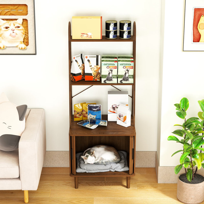 Enceinte de litière pour chat de 57,59 po de hauteur, armoire à litière cachée avec porte coulissante et tablettes, mobilier pour chat moderne