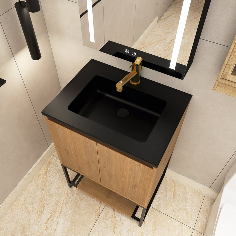 Perrusquia 23.6'' Single Bathroom Vanity with Quartz Top, Oak