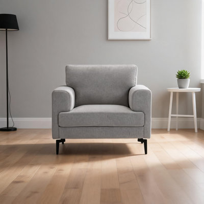 Neutral Gray Linen Upholstered Arm Chair Living Room Accent Seating Solid Frame 35 Inch Width