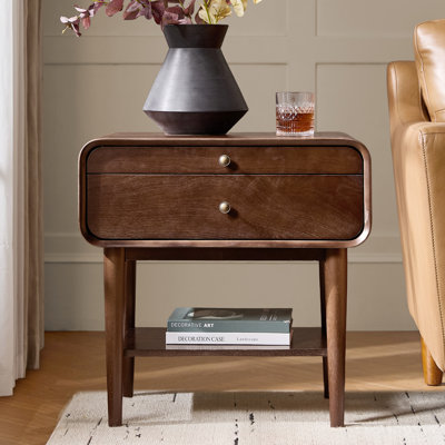 Palig 24"Tall Mid-Century Modern 2-Drawer Solid Wood Veneer with Built-In Charging End Table