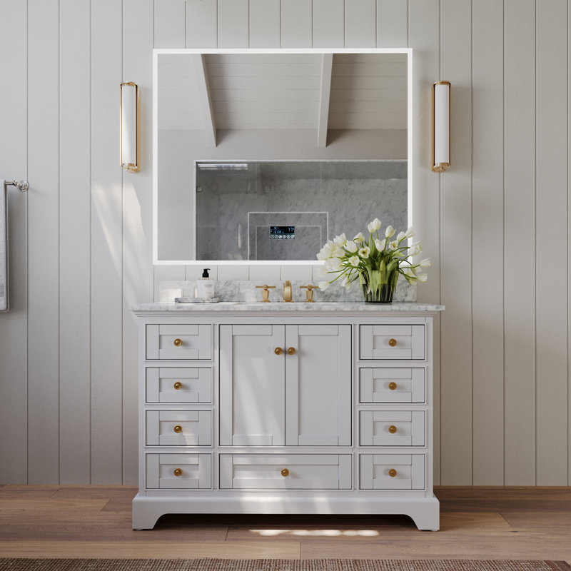 Ensemble de meuble-lavabo simple 48 po Varna, Blanc/or brossé, Marbre blanc de Carrare
