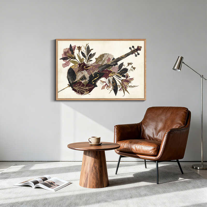 Impression sur toile violon collage avec fleurs séchées et feuille d'or, H 32 po x l 48 po