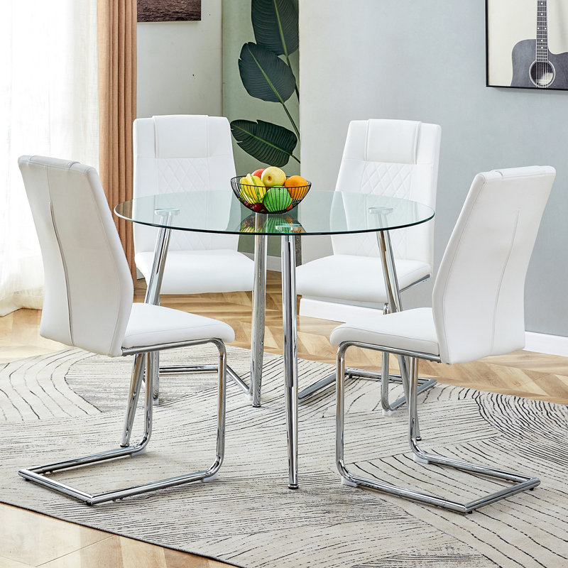 Ensemble de table et chaises, table de salle à manger circulaire, plateau de table en verre, Blanc, Argent argent