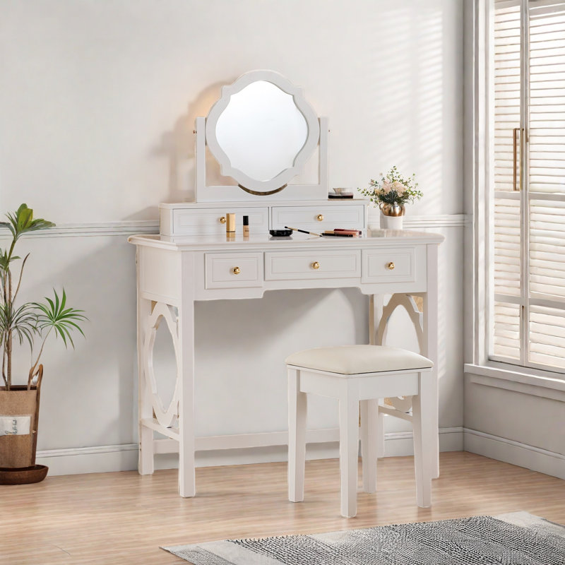 Elegant Makeup Vanity Table With Reversible Four-leaf Shaped Mirror, 5 Drawers, Golden Round Handles And A Stool