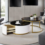 Modern Round Nesting Coffee Table Set with Drawer–Fluted Design