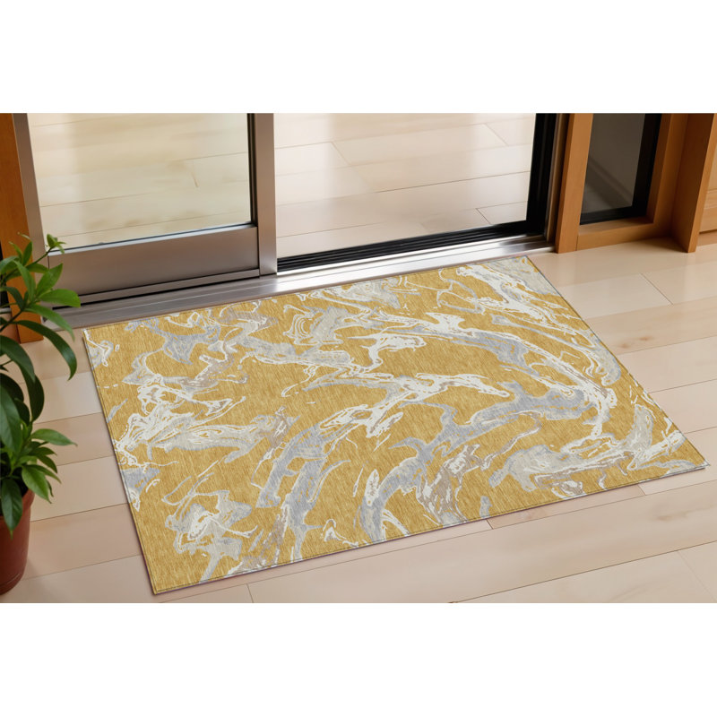 Tapis intérieur lavable abstrait gris doré et ivoire 3 pi x 5 pi