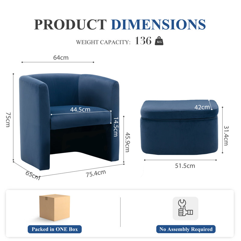 Kyah Upholstered Barrel Chair with Footstool, Blue Velvet
