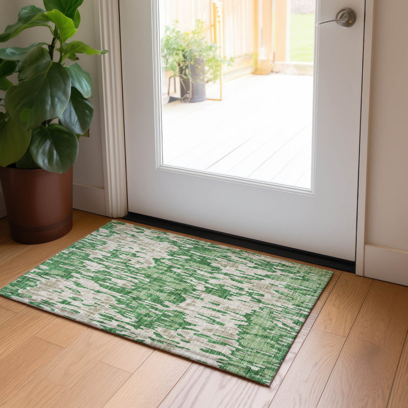 Green and Beige Rectangular Washable Synthetic Rug 30" x 20"