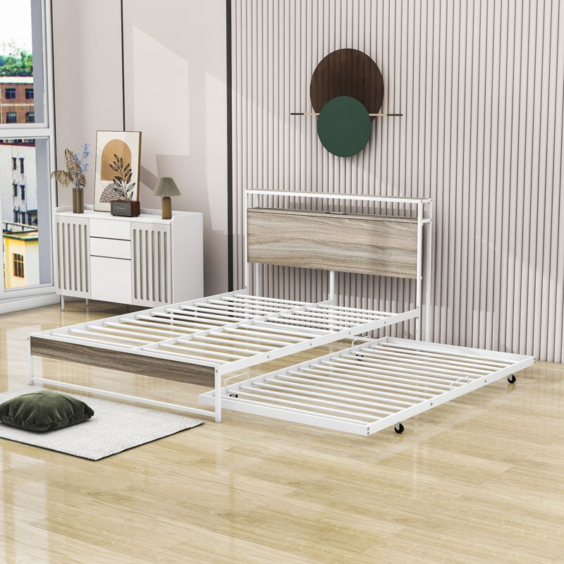 Maroma Metal and Wood Platform Bed with Twin Size Trundle, Full, White
