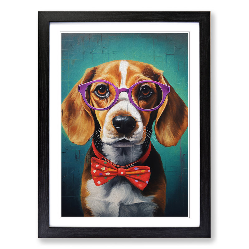 Beagle with Glasses Painting - Framed Print, Black Framed, 64cm H x 46cm W x 2cm D