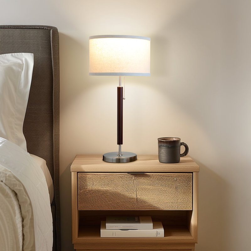 Carter 26 in. Mid-Century Modern Linen and Woodgrain LED Table Lamp