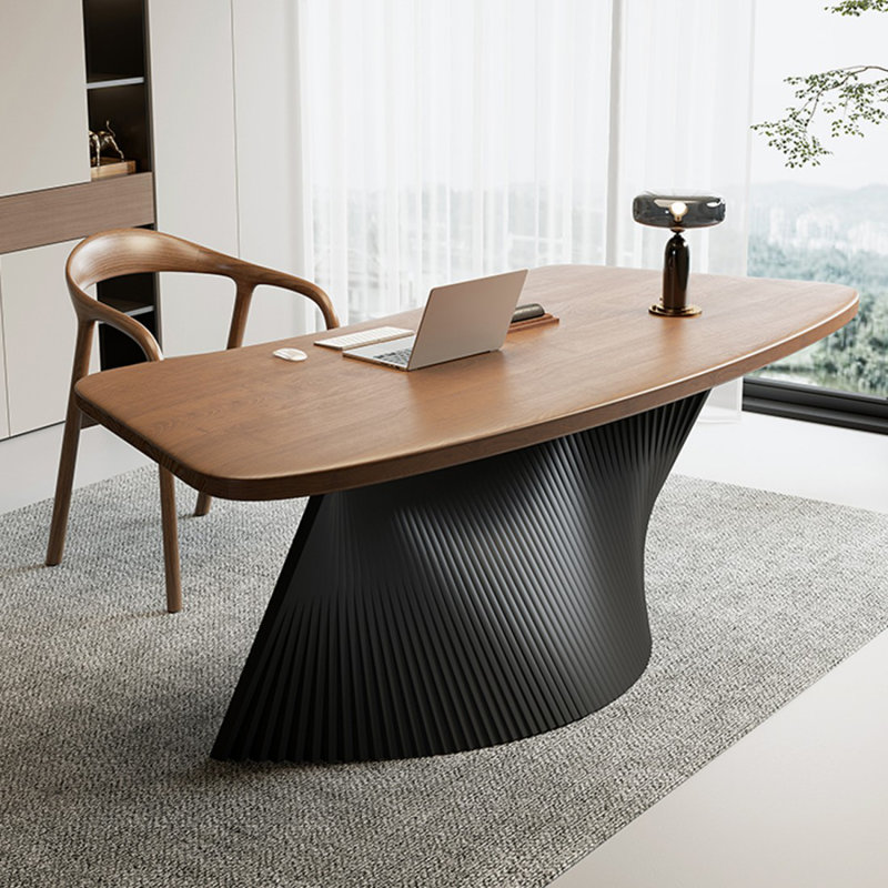 Bureau d'écriture en bois massif courbé noisette, H 29,53 po x l 86,61 po x P 31,5 po