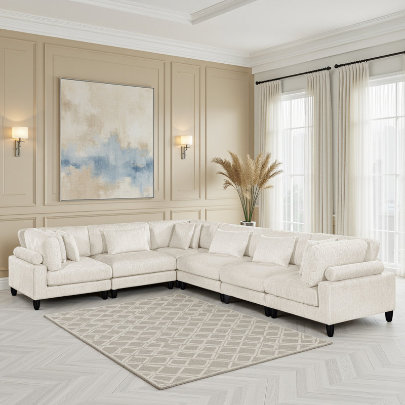 Canapé modulaire 6 pièces avec velours côtelé, ressorts ensachés et coussins réversibles l 120 po Loowit, Microfibre beige