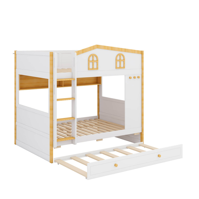 Lit superposé avec garde-corps en forme de maison et lit gigogne, lit superposé en bois avec tablettes de rangement
