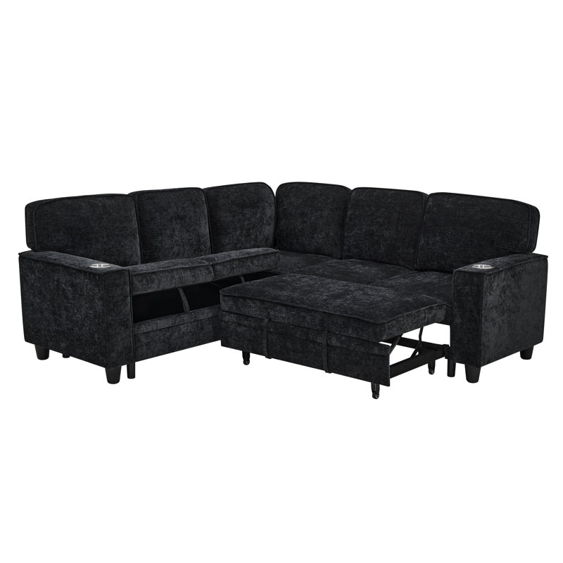Cayson L-Shaped Chenille Sectional Sofa with Pull-Out Bed, Storage Seat & USB Charging, Charcoal Gray