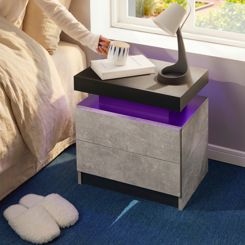 LED Nightstand with Drawers, Gray Concrete/Black