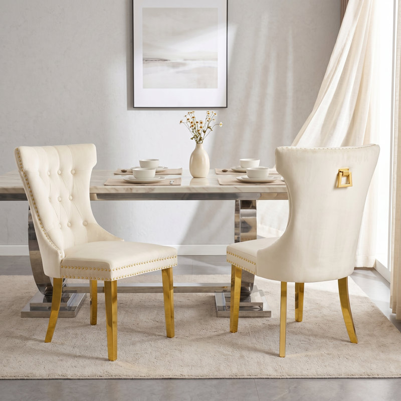 Haikey 19.49'' H Tufted Velvet Upholstered Side Chair, Beige, Gold