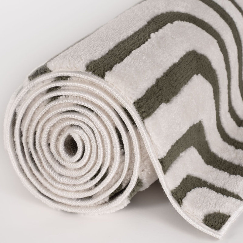 Loft Modern Curved Line Living Room Area Rug and Runner Soft Pile, Green/Ivory, Rectangle 120 x 170 cm