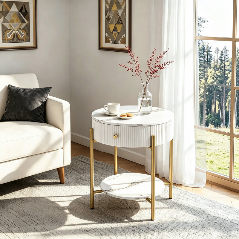 Woodville Side Table with Storage, Gold, Calacatta White