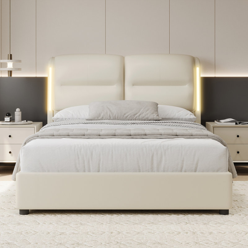 Lit plateforme tapissier hydraulique avec rangement et lumières DEL, Crème
