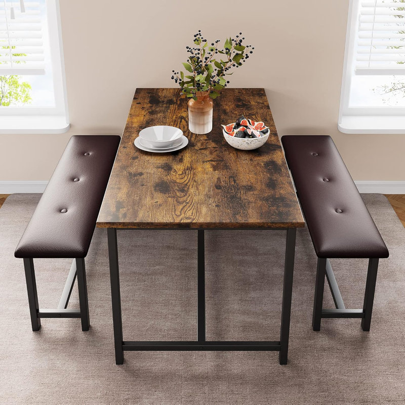 Dining Table Set for 4 with 2 Upholstered Benches, 3 Piece Kitchen Rectangular Dining Room Table Space-Saving for Small Space, Apartment, Restaurant