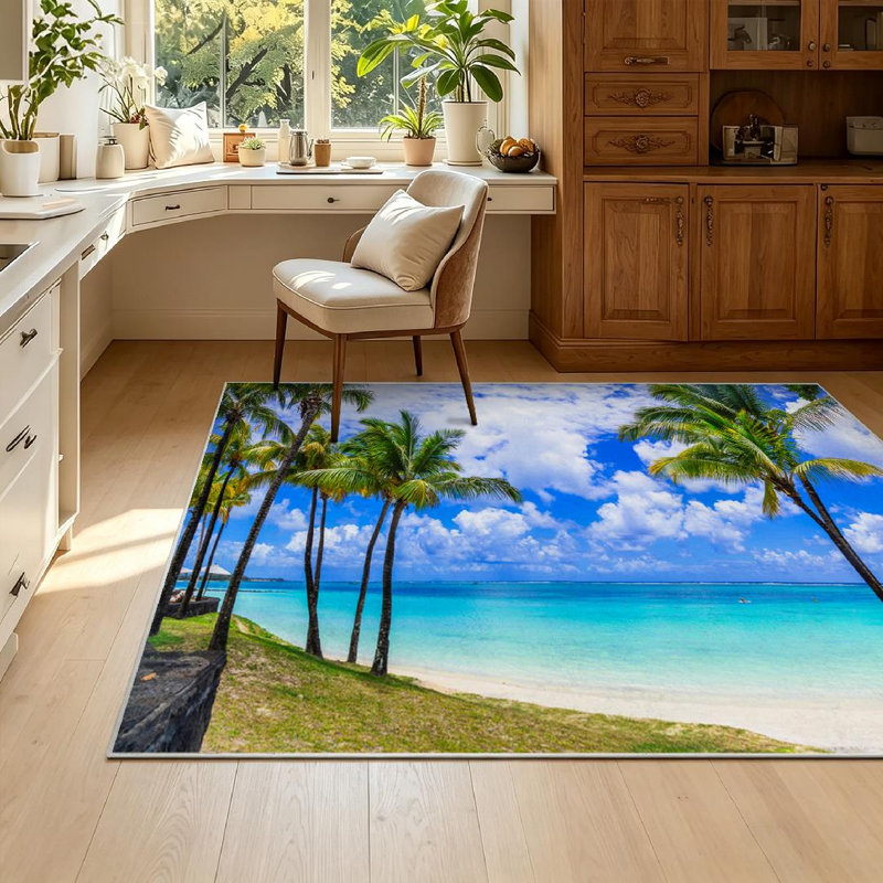 Blue Tropical Beach Scenery Palms Turquoise Sea Island Beautiful Machine Washable Indoor Area Rug, Rectangle 55" x 79"
