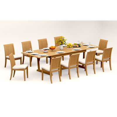 9 Pcs Grade-A Teak Wood Dining Set: 118" Double Extension Mas Rectangle Trestle Leg Table And 8 Lagos Armless Chairs #11LG2500