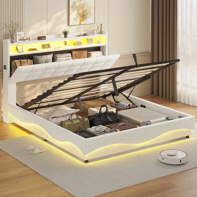 Base de lit avec rangement relevable avec station de charge et tête de lit cachée, lit plateforme tapissier avec rangement hydraulique