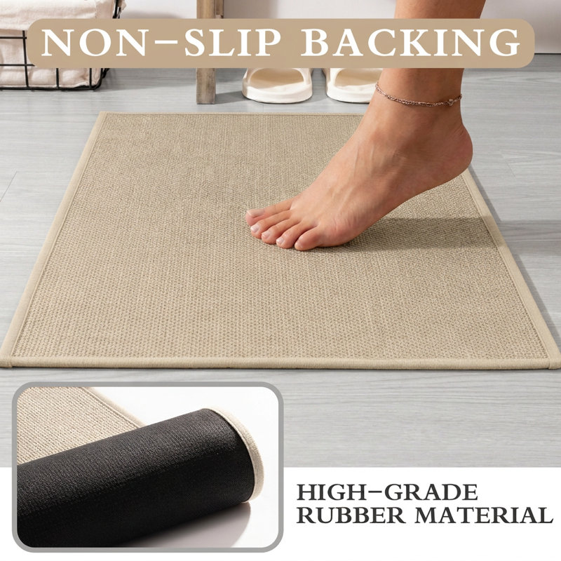 2 Piece Textured Linen-Look Bath Rug Set with Non-Slip Backing, Beige