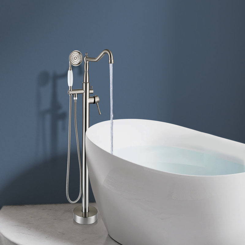 Topcraft Single Handle Floor Mounted Freestanding Tub Faucet with Handheld Shower, Brushed Nickel
