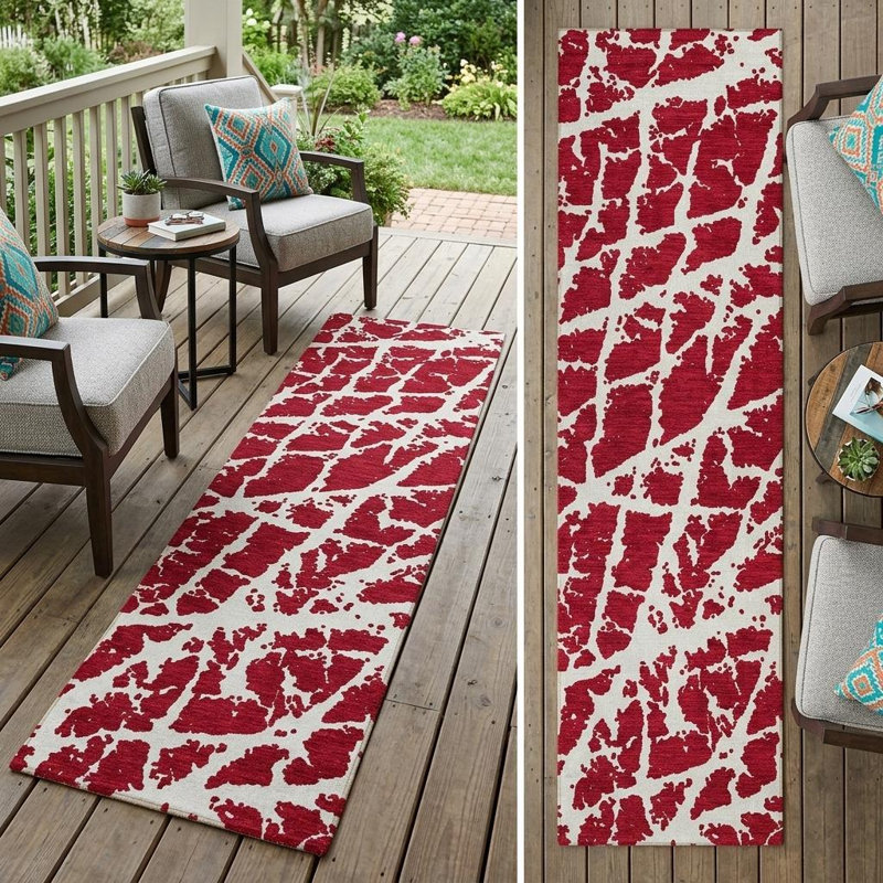 8' Runner Red and White Abstract Washable Non Skid Indoor Outdoor Runner Rug