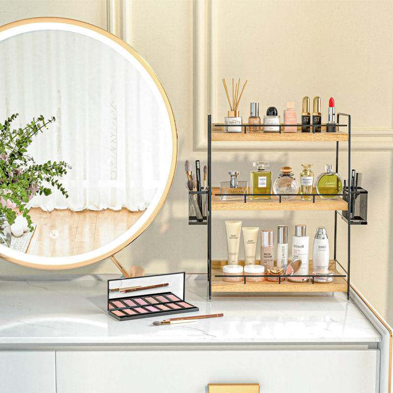 Organisateur de salle de bain comptoir, organisateur de comptoir de salle de bain à 3 niveaux avec panier pour organisateur de soins de la peau, salle de bain, cuisine, meuble-lavabo