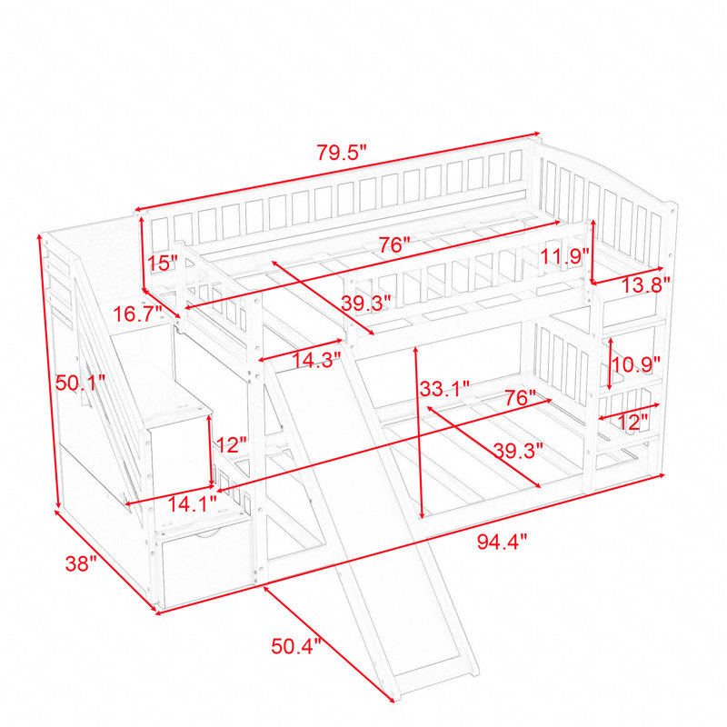 Twin Over Twin Wood Bunk Bed with Slide and Storage Staircase, Gray