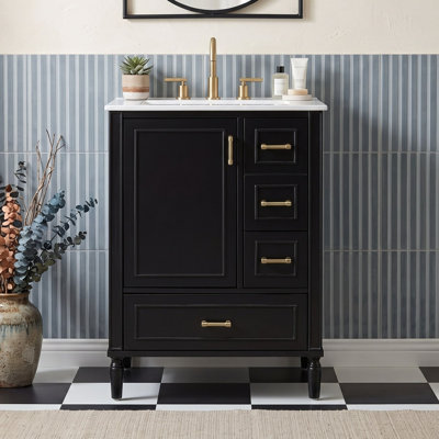 Meuble-lavabo compact sur pied avec lavabo en céramique, tiroirs de rangement et porte à fermeture en douceur