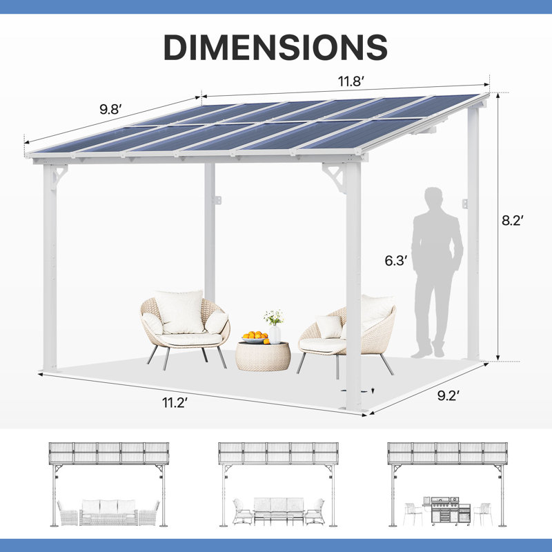 12 pi. L 10 pi. D Pergola d'extérieur en métal avec abri de jardin pour terrasse et toit incliné