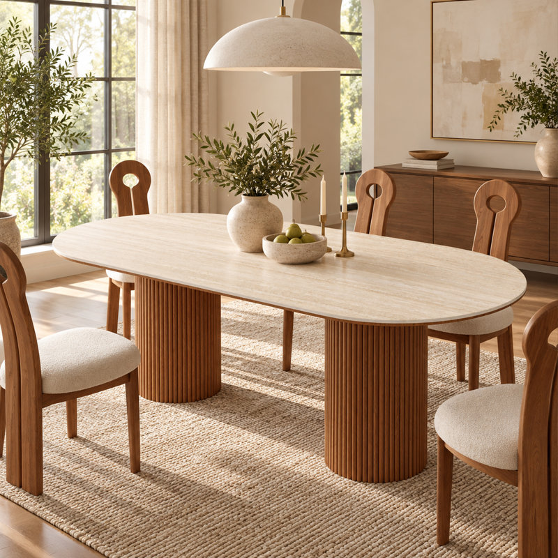 Table de salle à manger ovale moderne avec dessus en pierre et piètement en bois massif, idéale pour la cuisine et la salle à manger. Table rectangulaire pour 6 personnes.