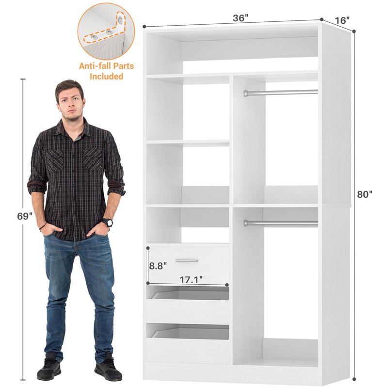 36" Closet System With 3 Drawers And 2 Rods, Shoes Storage With Hutches, White