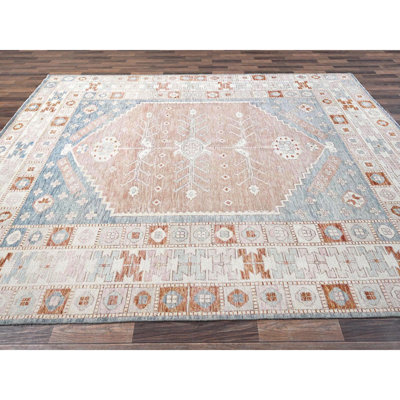 Tapis oriental noué à la main 8 pi 10 po x 11 pi 9 po orange clair, bleu pâle, nœud turc, laine pure ciselée, velours zéro, motif village anatolien