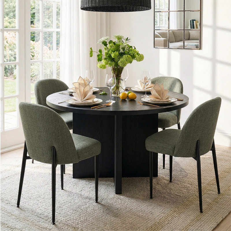  Modern Black Round Dining Set With 4 Upholstered Chairs, 5 Pieces: Table, 4 Chairs, Green